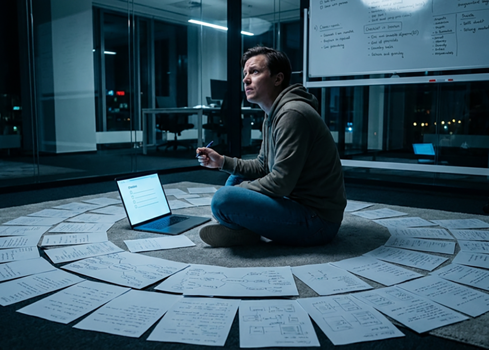 Homem sentado e um notebook com papeis ao redor