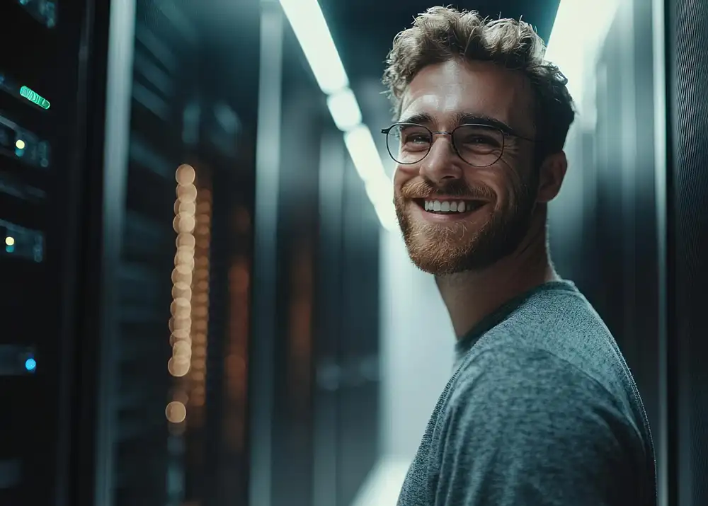 homem sorrindo em um servidor de hospedagem